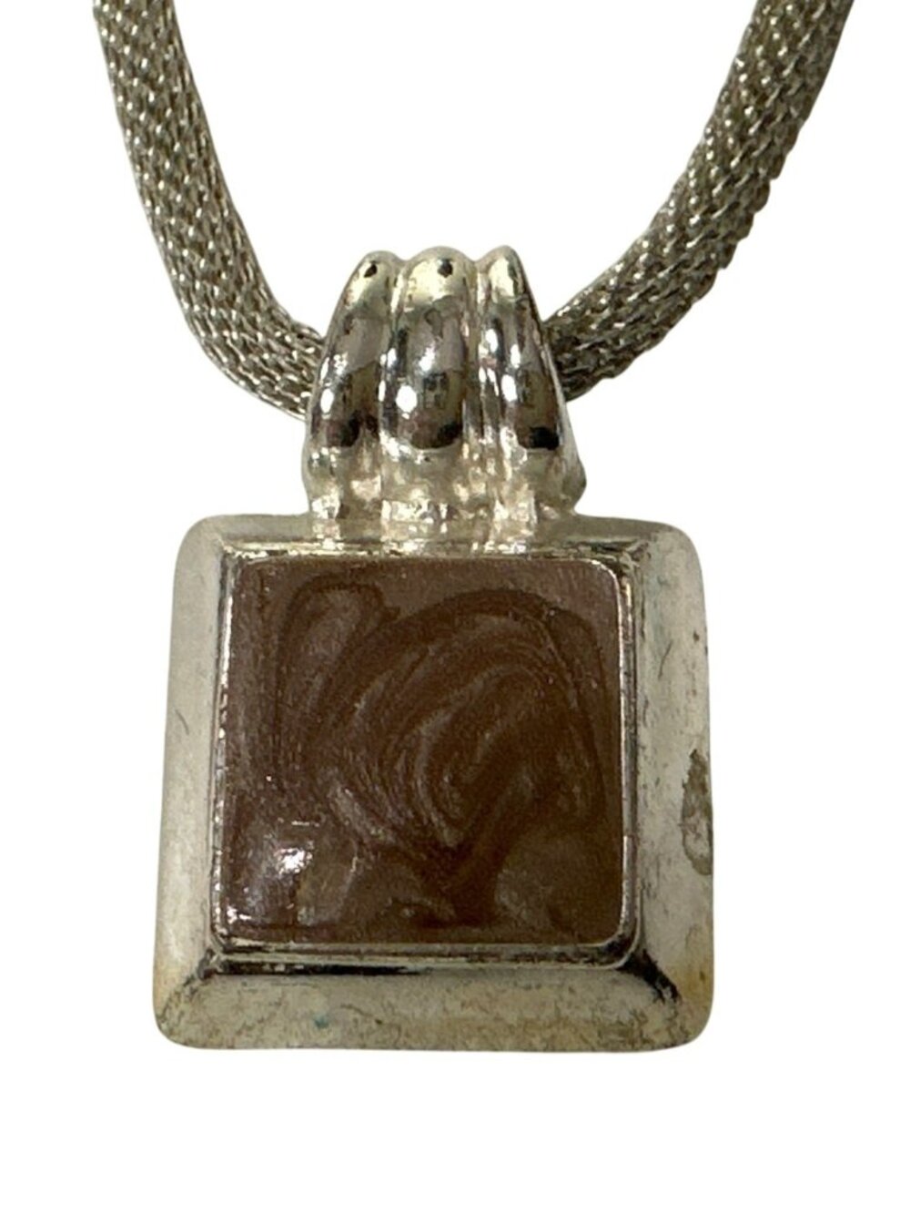 Pendant Necklace Silver Tone Chain Square Brown VTG 90s Metallic Cord Dainty